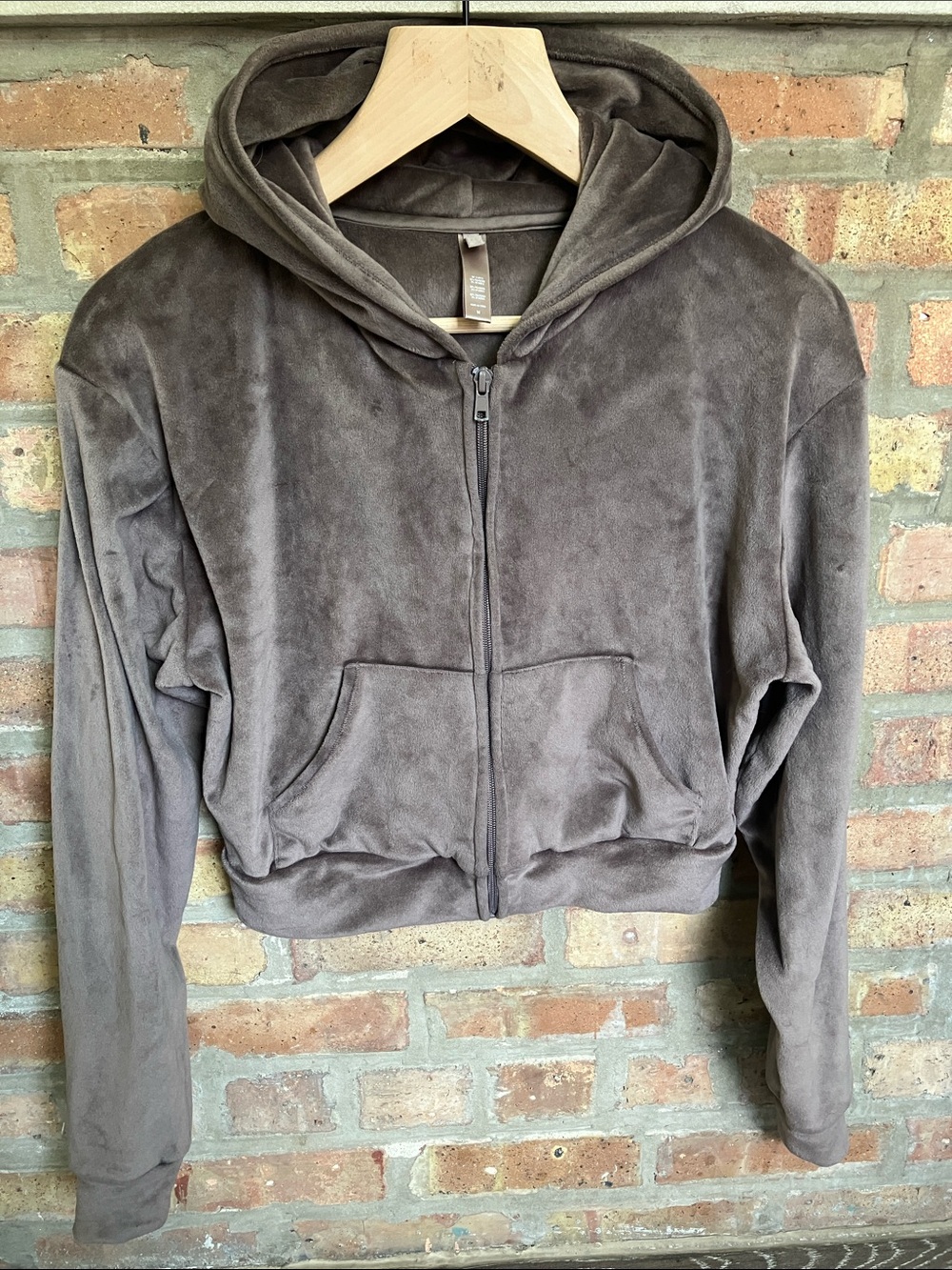 Skims cropped grey velour zip-up hoodie